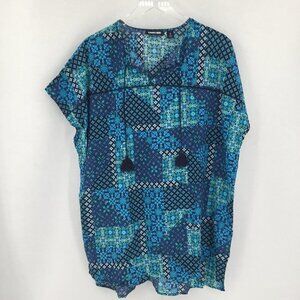 Lands End Cotton cover-up caftan swim floral patchwork blue green new Small 6 8